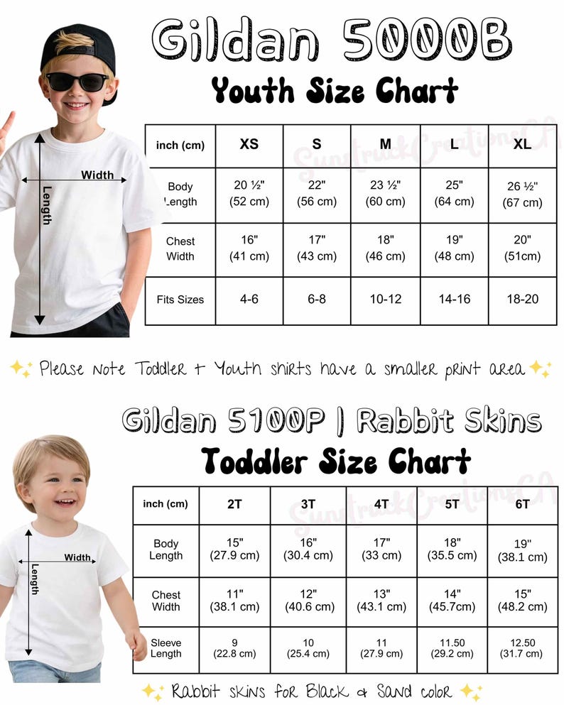 May include: A size chart for Gildan 5000B youth and Gildan 5100P Rabbit Skins toddler t-shirts. The chart displays body length, chest width, and sleeve length measurements in inches and centimetres for sizes XS-XL and 2T-6T respectively.