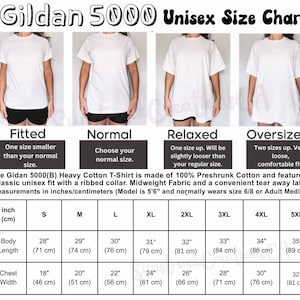 May include: Gildan 5000 Unisex Size Chart featuring four white t-shirts labeled Fitted, Normal, Relaxed, and Oversized. Includes a detailed table with body length and chest width measurements in inches and centimeters for sizes S through 5XL.