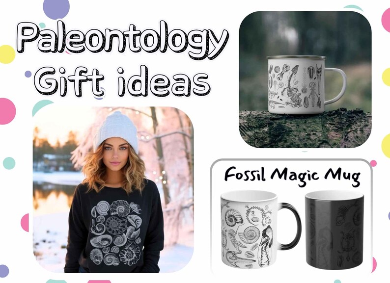 Op de afbeelding: Een collage met de tekst Paleontology Gift ideas, een witte emaille mok met zwarte fossielillustraties, een zwart sweatshirt met witte ammonietprints en een Fossil Magic Mug met zwart-witte fossielontwerpen.