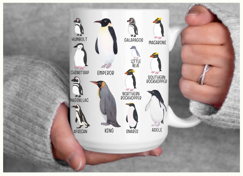 May include: White ceramic mug featuring illustrations of various penguin species, including Humboldt, Emperor, and Macaroni penguins. Each penguin is labeled with its name. The mug is held by a person.