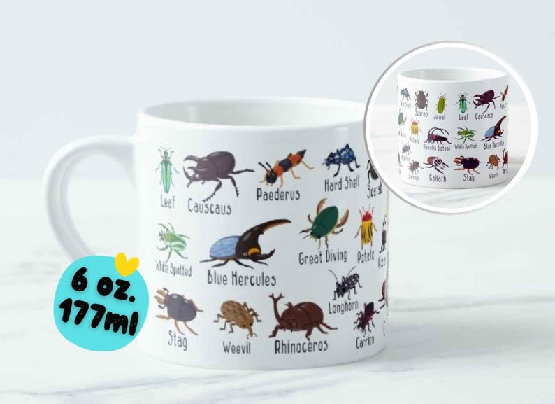 K&ouml;nnte beinhalten: Wei&szlig;e Keramiktasse mit farbenfrohen Illustrationen verschiedener Insekten und ihren Namen. Die Tasse hat ein Fassungsverm&ouml;gen von 177 ml. Ein kleineres Bild der Tasse ist in der oberen rechten Ecke zu sehen.
