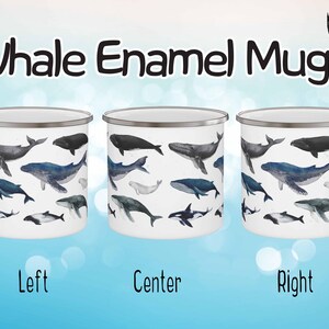 Peut inclure: Mug en &eacute;mail blanc avec un motif de baleine bleu et gris. La tasse a une bordure et une poign&eacute;e argent&eacute;es. La tasse est pr&eacute;sent&eacute;e sous trois angles diff&eacute;rents : gauche, centre et droite.