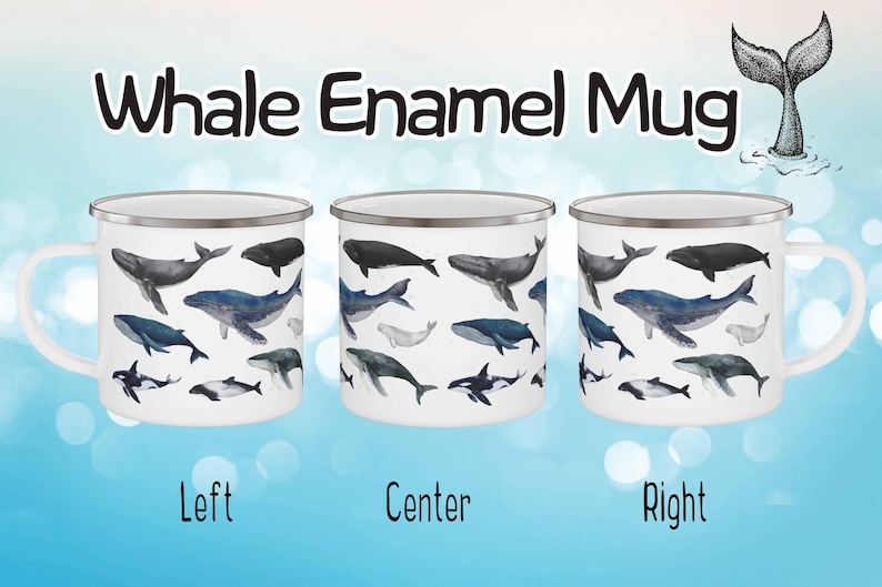 Peut inclure: Mug en &eacute;mail blanc avec un motif de baleine bleu et gris. La tasse a une bordure et une poign&eacute;e argent&eacute;es. La tasse est pr&eacute;sent&eacute;e sous trois angles diff&eacute;rents : gauche, centre et droite.
