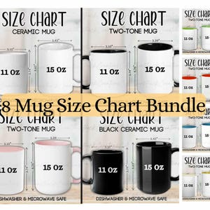 Paquete de tabla de tamaños de tazas, tarjeta de información de taza de café POD, maqueta de taza Printify, con medidas de 11 oz y 15 oz para blanco, negro, dos tonos o acento
