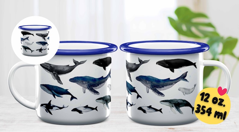 Peut inclure: Deux tasses en &eacute;mail blanc avec des bords bleus, orn&eacute;es d'un motif aquarelle de diff&eacute;rentes baleines et dauphins. Chaque tasse a une capacit&eacute; de 354 ml (12 oz).