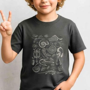 May include: A dark gray short-sleeve t-shirt featuring a white graphic print of various prehistoric fossils, including ammonites, skeletal remains, and marine life silhouettes arranged in a rectangular pattern on the front of the garment.