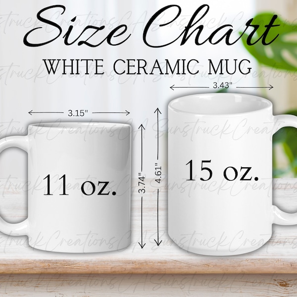 Größentabelle für weiße Keramik-Kaffeetassen, Größentabelle für Becher, Maße für 11 oz und 15 oz, digitaler Download