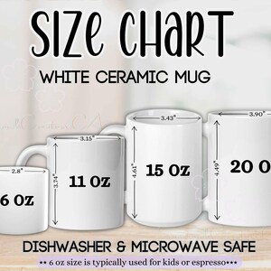 K&ouml;nnte beinhalten: Gr&ouml;&szlig;entabelle f&uuml;r wei&szlig;e Keramikbecher, die vier verschiedene Gr&ouml;&szlig;en zeigt: 6 oz (7,37 cm hoch, 7,11 cm breit), 11 oz (9,50 cm hoch, 8,00 cm breit), 15 oz (11,71 cm hoch, 8,71 cm breit) und 20 oz (11,40 cm hoch, 9,91 cm breit). Sp&uuml;lmaschinen- und mikrowellengeeignet.