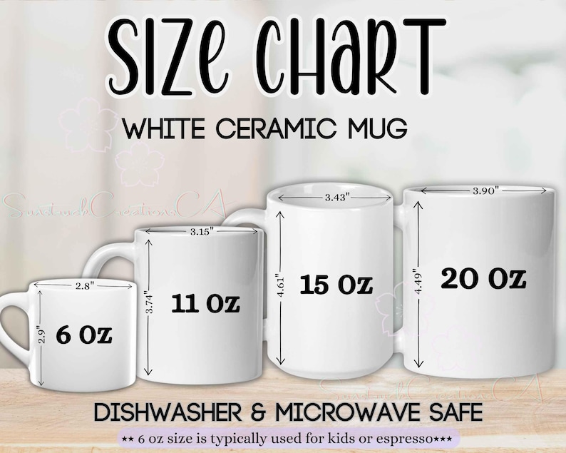 K&ouml;nnte beinhalten: Gr&ouml;&szlig;entabelle f&uuml;r wei&szlig;e Keramikbecher, die vier verschiedene Gr&ouml;&szlig;en zeigt: 6 oz (7,37 cm hoch, 7,11 cm breit), 11 oz (9,50 cm hoch, 8,00 cm breit), 15 oz (11,71 cm hoch, 8,71 cm breit) und 20 oz (11,40 cm hoch, 9,91 cm breit). Sp&uuml;lmaschinen- und mikrowellengeeignet.