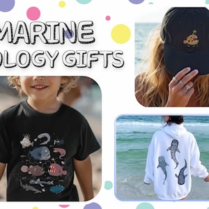 May include: A black baseball cap with an anglerfish graphic, a black t-shirt featuring various deep-sea fish illustrations, and a white hoodie displaying three whale shark graphics, all presented under the text Marine Biology Gifts.