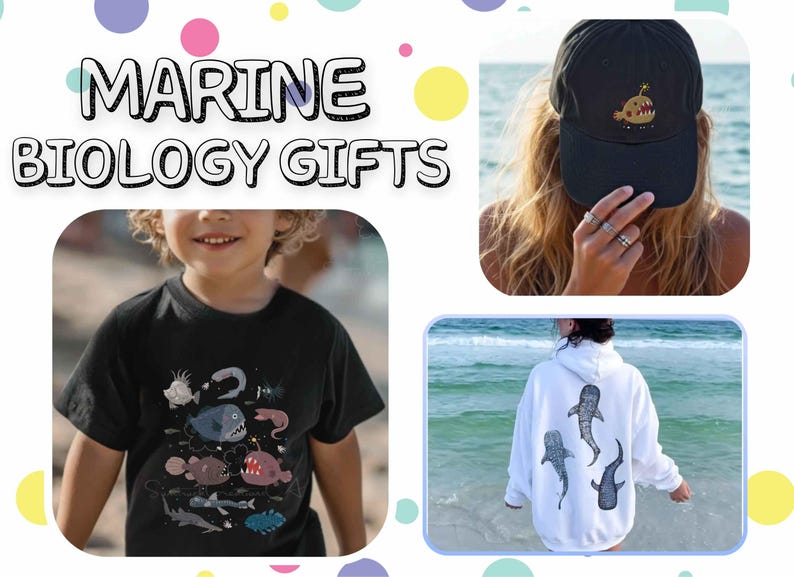 May include: A black baseball cap with an anglerfish graphic, a black t-shirt featuring various deep-sea fish illustrations, and a white hoodie displaying three whale shark graphics, all presented under the text Marine Biology Gifts.