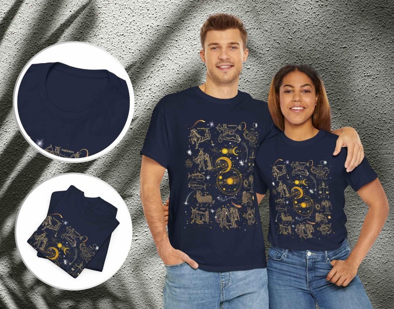 May include: Two navy blue t-shirts with a gold zodiac constellation print. The shirts feature a variety of zodiac signs, including Aries, Taurus, Gemini, Cancer, Leo, Virgo, Libra, Scorpio, Sagittarius, Capricorn, Aquarius, and Pisces.