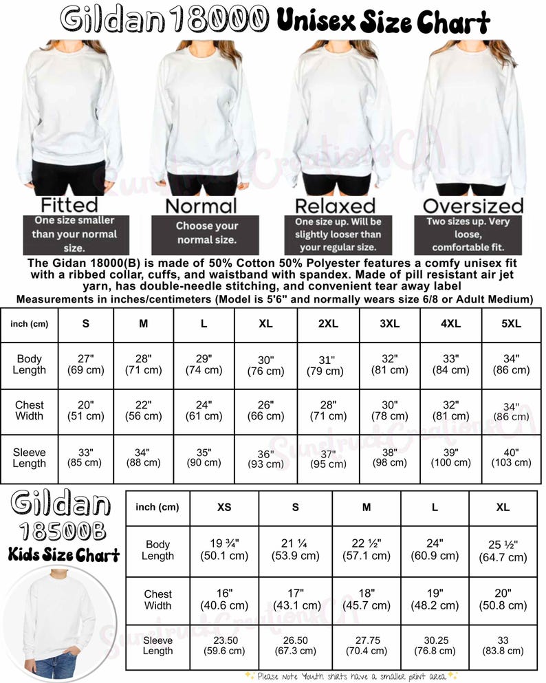 Op de afbeelding: Een Gildan 18000 unisex maattabel met vier witte sweatshirts gelabeld als Fitted, Normal, Relaxed en Oversized. De afbeelding bevat een gedetailleerde tabel met lichaamslengte, borstbreedte en mouwlengte in inches en centimeters voor de maten S tot 5XL, plus een aparte Gildan 18500B kinderkleding maattabel.