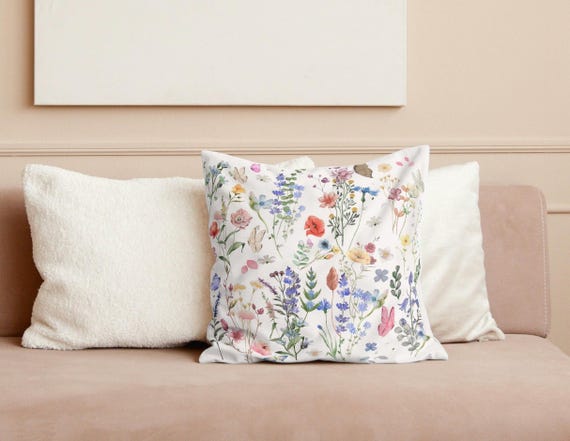 Wildflower Pillow Cover: Spring Floral Accent Cushion, Boho Cottage Decor