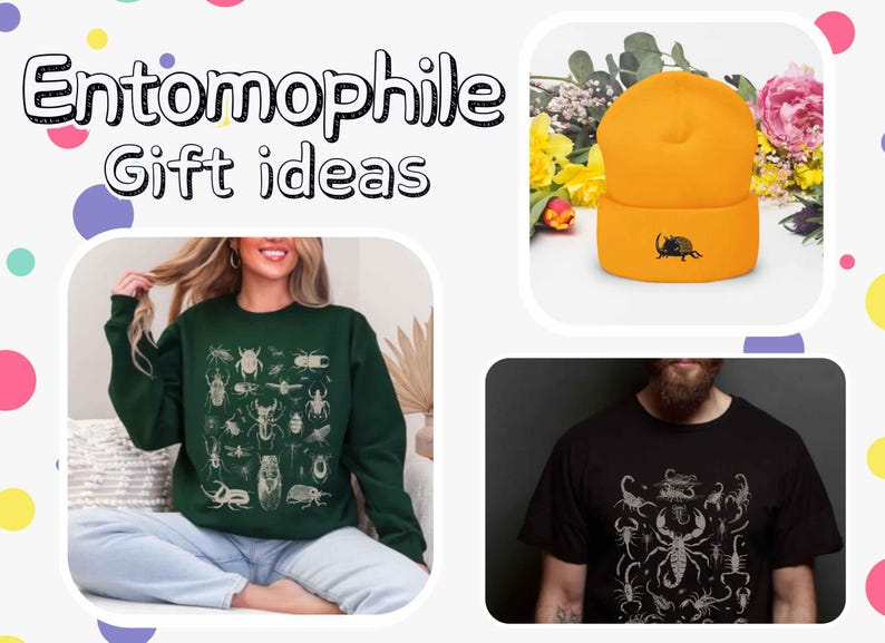 K&ouml;nnte beinhalten: Bild mit Geschenkideen f&uuml;r Entomologen. Enth&auml;lt ein dunkelgr&uuml;nes Sweatshirt mit Insektenillustrationen, eine orangefarbene M&uuml;tze mit K&auml;ferdesign und ein schwarzes T-Shirt mit Insektengrafiken. Der Text "Entomophile Gift ideas" steht oben.