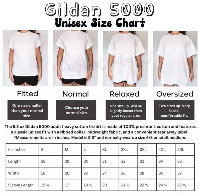 May include: A Gildan 5000 unisex size chart featuring four white t-shirts demonstrating fitted, normal, relaxed, and oversized fits. The graphic includes descriptive text, a 5.3 oz cotton fabric specification, and a detailed sizing table in inches.