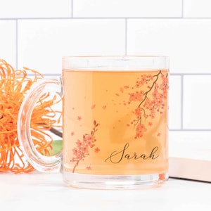 Personalized Cherry Blossom mug, Custom Sakura tea cup, Gift for her or mom, Spring flower latte cup, Pink floral glass mug, Bridesmaid gift