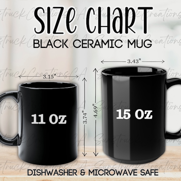Black Mug Size Chart Ceramic Mug Size Chart 11 oz. 15 oz. Glossy Black Mug Size Chart Digital Download JPG IMAGE Mug Measurement Mock up