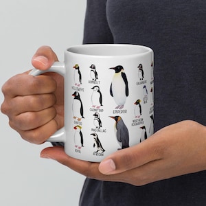 May include: White ceramic mug featuring illustrations of various penguin species, each labeled with its name. The mug showcases penguins like the Emperor, Gentoo, and Chinstrap, with a clean, bright design. The mug is held by a person.