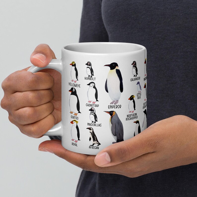 May include: White ceramic mug featuring illustrations of various penguin species, each labeled with its name. The mug showcases penguins like the Emperor, Gentoo, and Chinstrap, with a clean, bright design. The mug is held by a person.