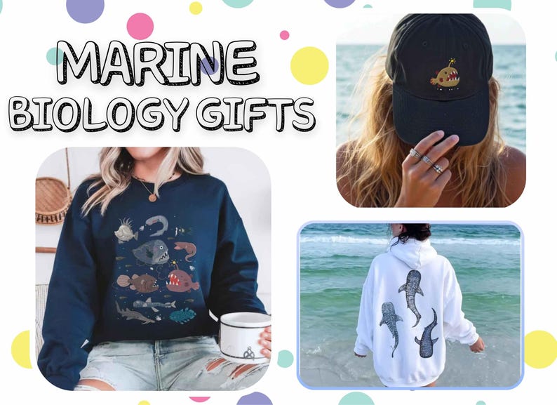 May include: A collection of apparel featuring marine biology themes, including a dark blue sweatshirt with various deep-sea fish illustrations, a black baseball cap with an anglerfish graphic, and a white hoodie with three whale shark prints.