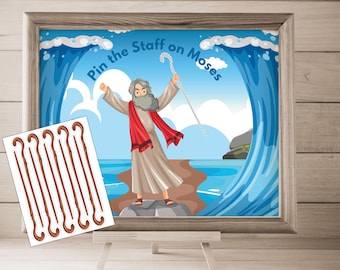 Printable Pin the tail Game, DIY Passover Activity, Instant Download Bible Contest, Pin the staff on Moses, Red Sea