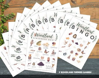 Printable Bingo AND Scavenger Hunt Woodland Party Games DIY instant download Birthday Baby Shower 12 Unique Bingo boards