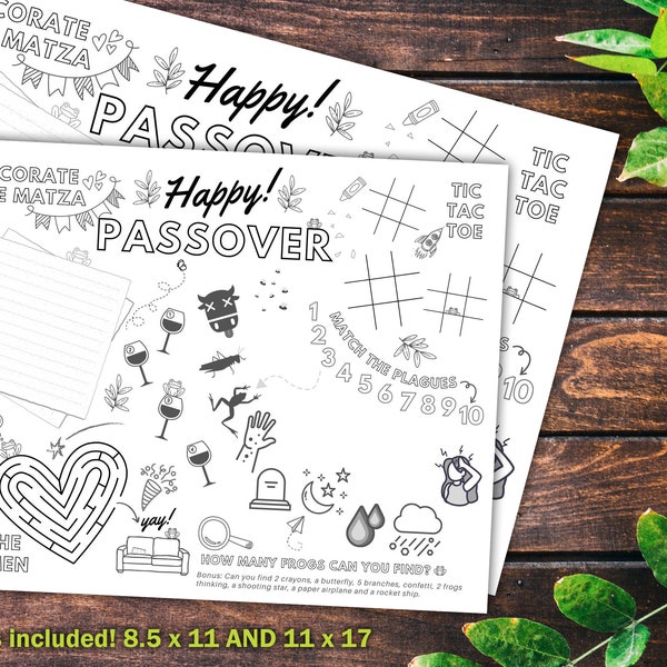 Printable Passover Placemats 2 sizes, Coloring Game Table Decoration, Passover activity, Instant download