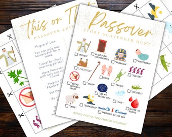Printable Passover Three Game Bundle, Scavenger hunt, This or That, Memory Game, Pesach Activities, Passover for Children