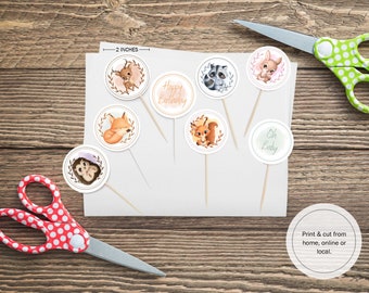 Printable Woodland Cupcake Toppers Birthday Baby Shower Decor enchanted Forest Animals DIY instant download