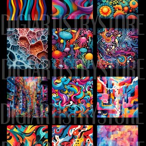 May include: Nine colorful abstract digital art prints with various patterns and designs. The prints feature a variety of colors, including blue, green, red, yellow, and orange. The prints are perfect for adding a pop of color to any room.