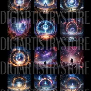 May include: A digital art collage of nine images featuring a lone figure standing in front of a swirling, colourful portal in a cosmic landscape.