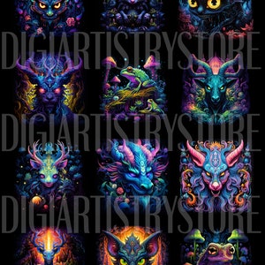 May include: A digital art collage featuring 12 different creatures, each with a unique design and color scheme. The creatures are set against a black background and are surrounded by various plants and flowers. The creatures include a frog, a deer, a cat, a mouse, a dragon, a goat, and more.