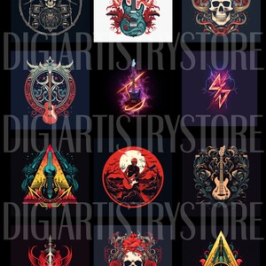 May include: A collection of 12 digital illustrations featuring various guitar designs. The illustrations are in a dark, gothic style with skulls, flames, and other rock and roll imagery.