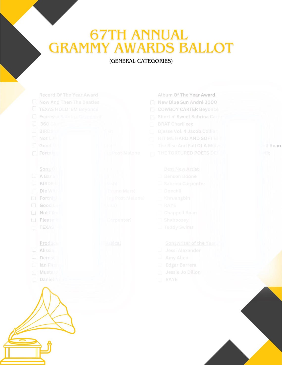Grammy Awards 2025 Ballot Sheet Printable Music Awards Voting Sheet Etsy