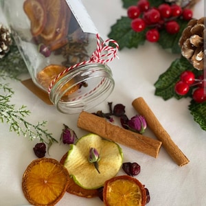 May include: A glass jar filled with dried fruit, spices, and rosebuds. The jar is tied with a red and white twine. The jar is surrounded by cinnamon sticks, dried apple slices, and cranberries on a white surface.