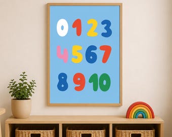 Lámina con números arcoíris del 0 al 10 – Decoración educativa para la habitación infantil (Descarga digital)
