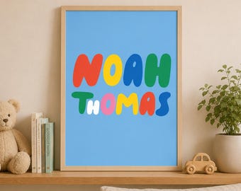 Lámina personalizada con el nombre de los niños / Decoración infantil con tipografía de burbujas de colores (Descarga digital)