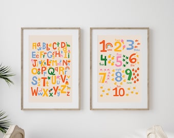 Set of 2 Educational Prints  • Alphabet and Numbers Nursery Prints • Kids Bedroom Wall Art • Nursery Wall Art • Primary Color Wall Art