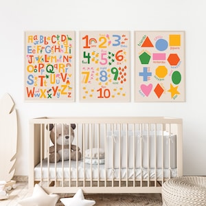3er Set Lerndrucke • Alphabet, Zahlen und Formen Drucke fürs Kinderzimmer • Drucke für Kinder • Kinderzimmer • Grundfarben Wandkunst