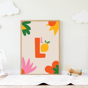 Impresión de la letra L de limón para guardería • Arte de pared para dormitorio infantil • Arte de pared para guardería • Arte de pared con colores primarios • Impresión inicial • Arte de pared imprimible