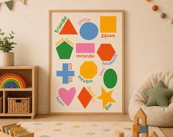 Poster aux formes personnalisées pour salle de jeux pour enfants | Art mural éducatif forme | Décoration d'apprentissage colorée pour tout-petits | Impression préscolaire | Téléchargement numérique