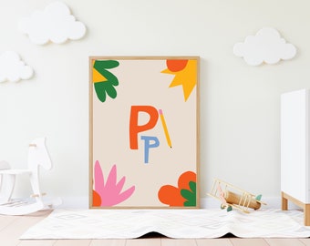 Letter P Pencil Nursery Print • Kids Bedroom Wall Art • Nursery Wall Art • Primary Color Wall Art • Initial Print • Printable Wall Art