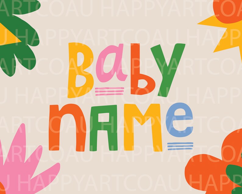 Puede incluir: Un dise&ntilde;o gr&aacute;fico colorido con las palabras "Baby Name" en letras audaces y juguetonas. Las letras son de color naranja, amarillo, verde, rosa y azul, con elementos florales decorativos.