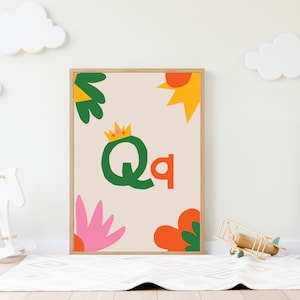 Lámina infantil con la letra Q: Arte mural con la inicial de la reina (descarga digital)