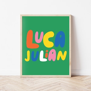 Puede incluir: Un fondo verde con los nombres Luca y Julian escritos en letras coloridas con forma de burbuja. Las letras son de varios colores, incluyendo naranja, rosa, amarillo, azul y blanco.