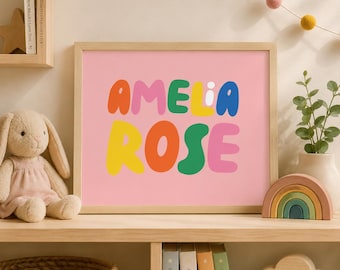 Lámina personalizada con el nombre de los niños / Decoración infantil con tipografía de burbujas de colores (Descarga digital)