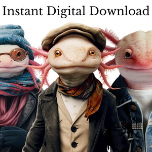 Op de afbeelding: Drie axolotls die verschillende outfits dragen. De axolotl links draagt een blauwe muts, een roze sjaal en een zwart leren jack. De axolotl in het midden draagt een bruine fedora, een beige sjaal en een bruin jack. De axolotl rechts draagt een blauw spijkerjack.