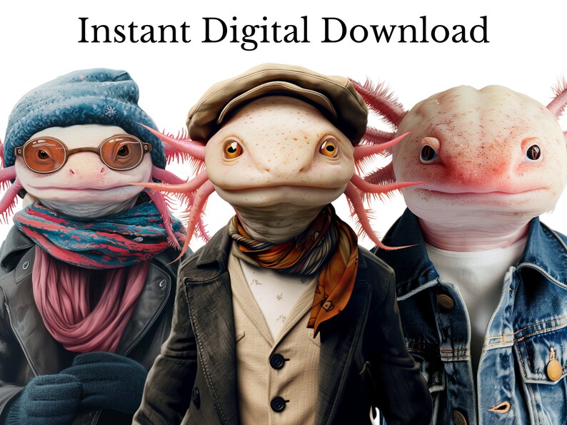 Op de afbeelding: Drie axolotls die verschillende outfits dragen. De axolotl links draagt een blauwe muts, een roze sjaal en een zwart leren jack. De axolotl in het midden draagt een bruine fedora, een beige sjaal en een bruin jack. De axolotl rechts draagt een blauw spijkerjack.
