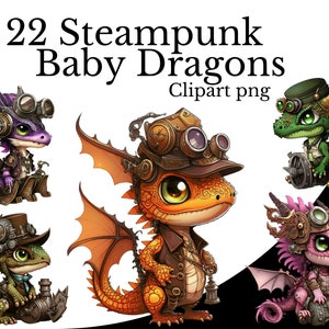 Op de afbeelding: Een set van 22 digitale clipart-afbeeldingen van steampunk baby-draken. De draken staan in verschillende poses en hebben verschillende kleuren schubben, vleugels en accessoires. De afbeeldingen zijn in PNG-formaat.